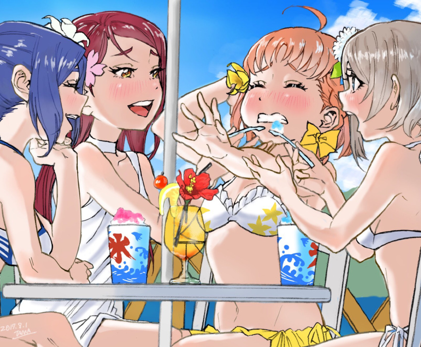 10s, 4girls, ahoge, bangs, bikini, blue_hair, blush, bow