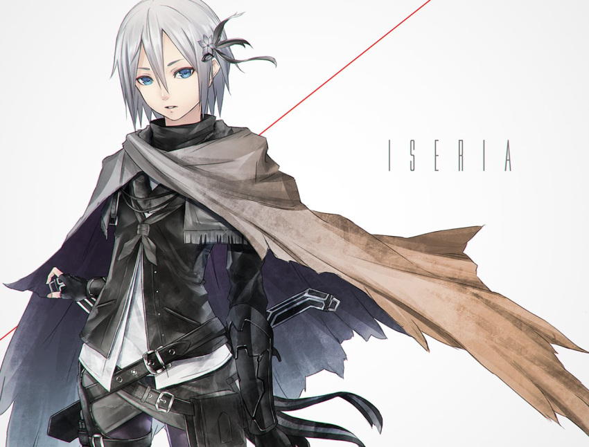 1girl, arm_armor, belt, black_gloves, black_jacket, black_neckerchief, blue_eyes, brown_cape
