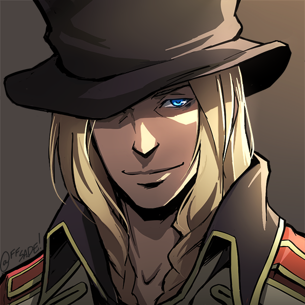 1boy, black_hat, blonde_hair, blue_eyes, dio_(kyokugen_dasshutsu), grey_background, hat, kyokugen_dasshutsu
