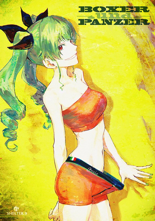 1girl, alternate_costume, anchovy, arm_at_side, arm_behind_back, bandeau, bare_legs, bare_shoulders
