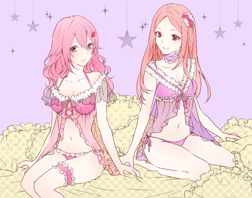 2girls, babydoll, bare_shoulders, black_legwear, bow, breasts, camisole, center_opening, cleavage, frills, guilty_crown, hair_ornament, hairclip, highres, lace, lingerie, long_hair, looking_at_viewer, medium_breasts, midriff, multiple_girls, navel, negligee, nightgown, ouma_mana, panties, pink_hair, red_eyes, ribbon, see-through, side-tie_panties, smile, spaghetti_strap, twintails, underwear, underwear_only, yoma, yuzuriha_inori