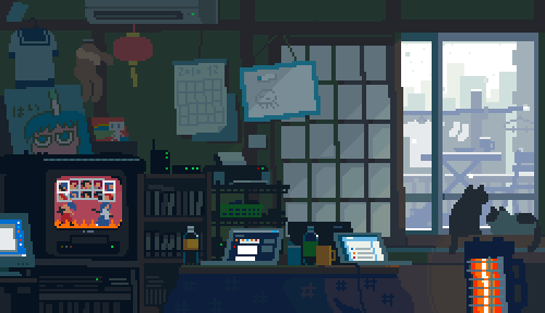 air_conditioner, animal, animated, animated_gif, bookshelf, bottle, calendar_(object), cat