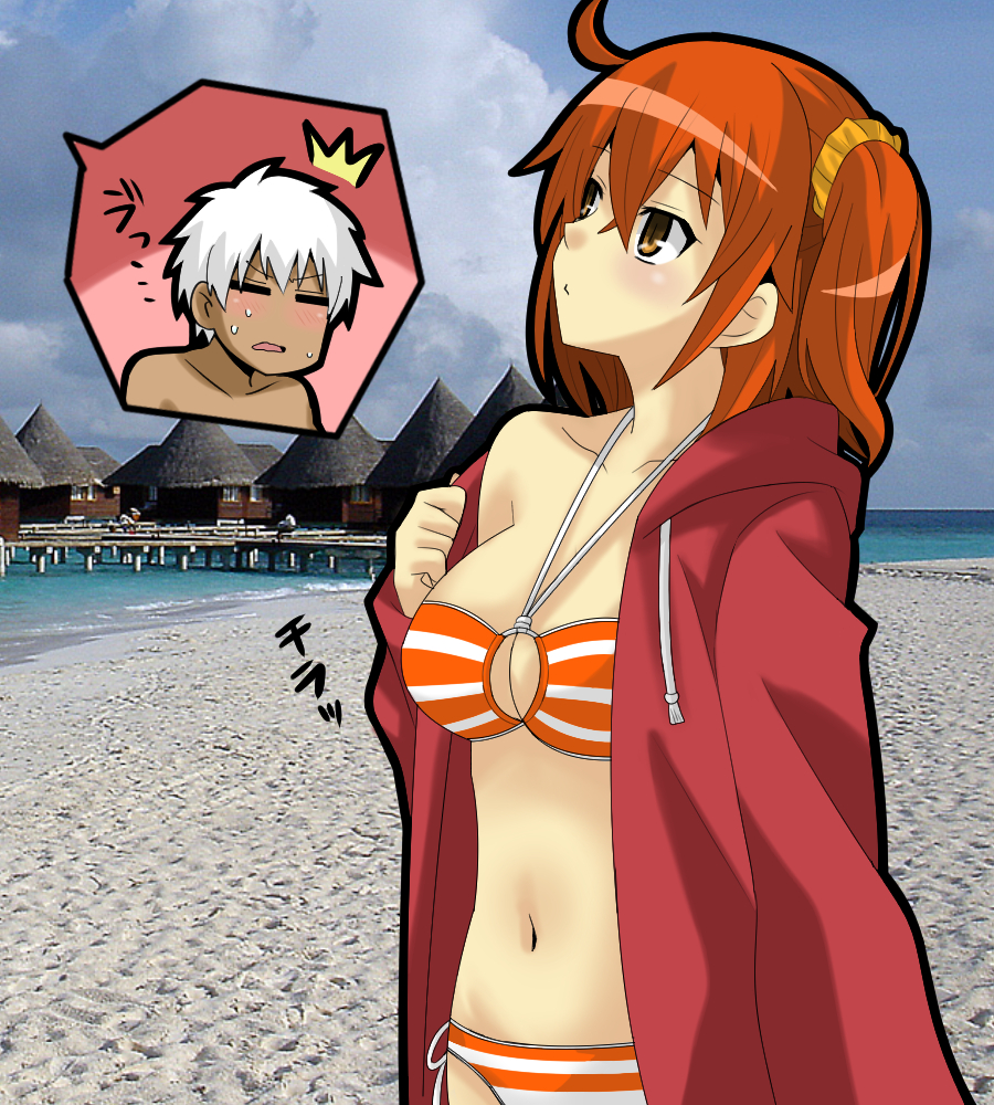 1boy, 1girl, ahoge, archer, bikini, blush, breasts, cleavage, dark_skin, dark_skinned_male, fate/grand_order, fate/stay_night, fate_(series), fujimaru_ritsuka_(female), hair_ornament, hair_scrunchie, jacket, jacket_over_swimsuit, matsudora124, medium_breasts, navel, orange_eyes, orange_hair, scrunchie, side_ponytail, solo, swimsuit, swimsuit_under_clothes, white_hair