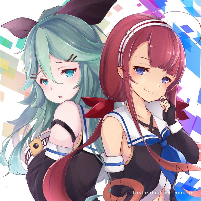 2girls, ahoge, aqua_eyes, back-to-back, black_gloves, black_serafuku, commentary_request, detached_sleeves