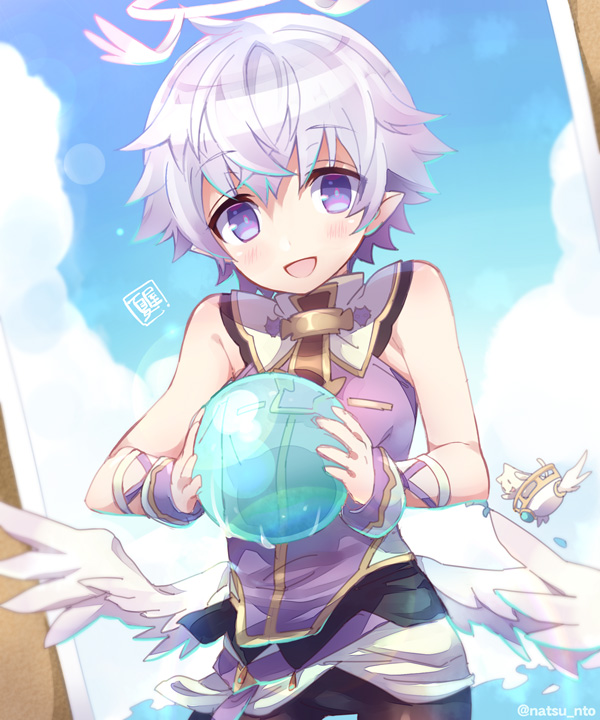 1boy, angel, angel_wings, ball, blush, cat, halo, looking_at_viewer