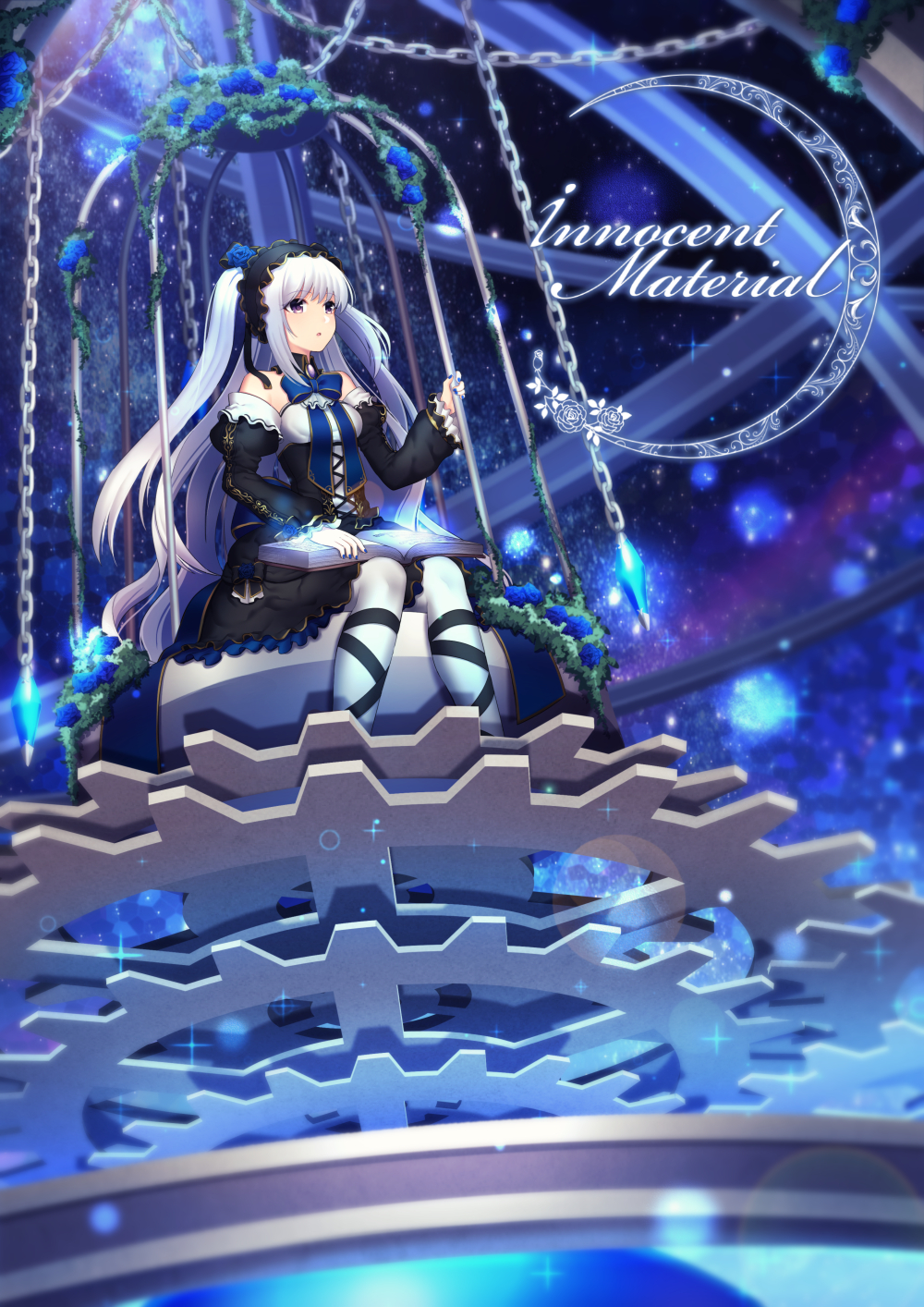 1girl, ap@meito, blue_bow, blue_nails, blue_ribbon, blush, book, book_on_lap