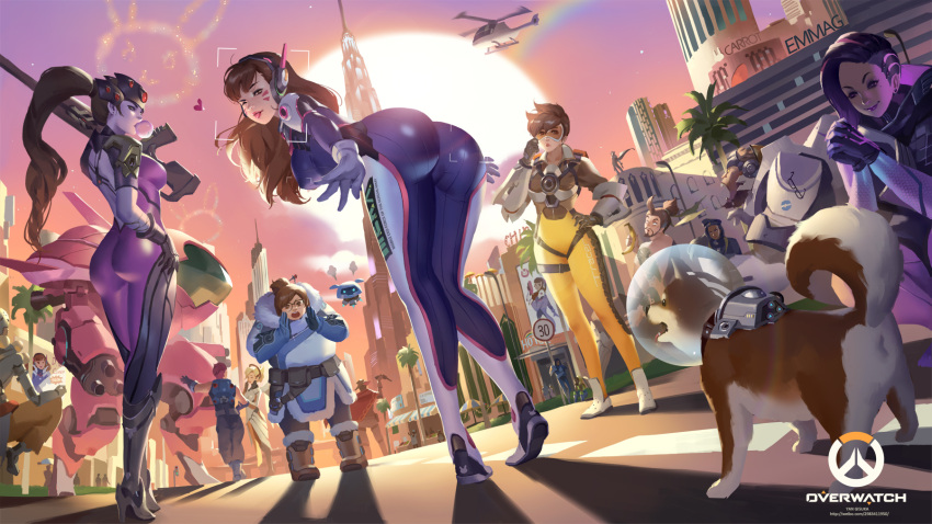 4boys, 6+girls, acronym, aerial_fireworks, aircraft, alternate_costume, ana_(overwatch), animal_print, arm_tattoo, ass, asymmetrical_hair, bangs, beard, belt, belt_pouch, bent_over, beret, black-framed_eyewear, black_hair, blonde_hair, blue_bodysuit, blue_gloves, bodysuit, bomber_jacket, boots, breasts, brown_eyes, brown_hair, brown_jacket, brown_legwear, bubble_blowing, building, bunny_print, captain_amari, chewing_gum, city, closed_eyes, clothes_writing, coat, commentary, copyright_name, cross-laced_clothes, cross-laced_legwear, d.va_(overwatch), dark_skin, dog, drone, dubai, ear_piercing, earrings, eyeshadow, facepaint, facial_hair, facial_mark, facial_tattoo, facing_away, faulds, fireworks, floating, from_behind, from_below, fur-trimmed_boots, fur-trimmed_jacket, fur_boots, fur_coat, fur_trim, glasses, gloves, goggles, gorilla, gun, hair_bun, hair_ornament, hair_stick, hand_on_hip, hand_to_own_mouth, hanzo_(overwatch), harness, hat, head_mounted_display, headphones, helicopter, high_collar, high_ponytail, highres, holding, holding_gun, holding_weapon, indian_style, jacket, jewelry, large_breasts, leaning_forward, leather, leather_jacket, lipstick, logo, long_hair, looking_at_another, looking_at_viewer, looking_back, makeup, making_of, mecha, mechanical_halo, medium_breasts, mei_(overwatch), meka_(overwatch), mercy_(overwatch), military, mole, mole_under_eye, multicolored_hair, multiple_boys, multiple_girls, muscle, muscular_female, nose, open_mouth, orange_bodysuit, orb, outdoors, overwatch, palm_tree, pants, pelvic_curtain, perspective, piercing, pilot_suit, pink_bodysuit, pink_hair, pink_lips, ponytail, poster_(object), power_armor, purple_hair, purple_lips, purple_skin, rainbow, ribbed_bodysuit, rifle, road, road_sign, shadow, short_hair, shoulder_pads, shouting, sign, sitting, skin_tight, skyscraper, smile, sniper_rifle, snowball_(overwatch), sombra_(overwatch), spiky_hair, street, stud_earrings, sun, sunset, swatting, swept_bangs, talking, tattoo, tight, tight_pants, tracer_(overwatch), tree, two-tone_hair, undercut, utility_belt, vambraces, violet_eyes, weapon, whisker_markings, white_bodysuit, white_gloves, widowmaker_(overwatch), winston_(overwatch), winter_clothes, winter_coat, yan_gisuka, yellow_eyes, younger, zarya_(overwatch), zenyatta_(overwatch)