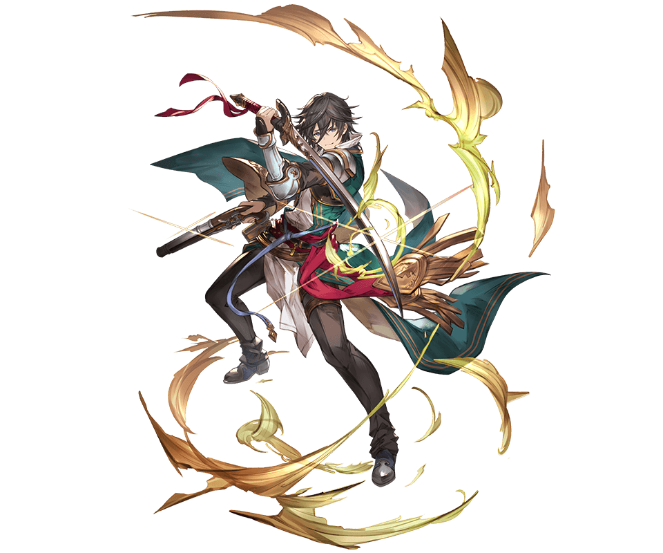 1boy, belt, blue_eyes, brown_hair, cain_(granblue_fantasy), full_body, granblue_fantasy, gun