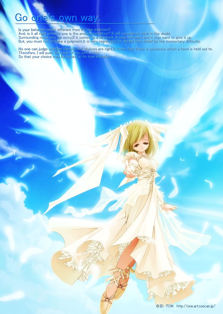 blonde_hair, cloud, dress, engrish, feathers, hair_ribbon, lens_flare, original