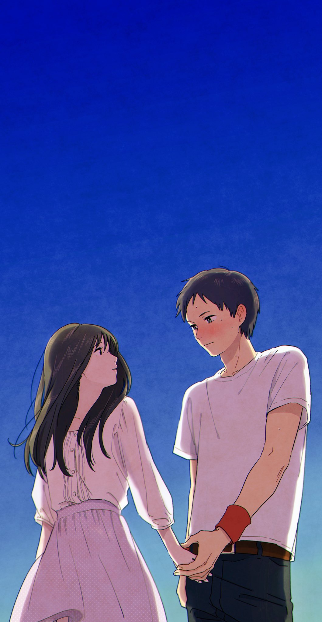1boy, 1girl, ansatsu_kyoushitsu, belt, black_hair, blue_sky, blush, highres