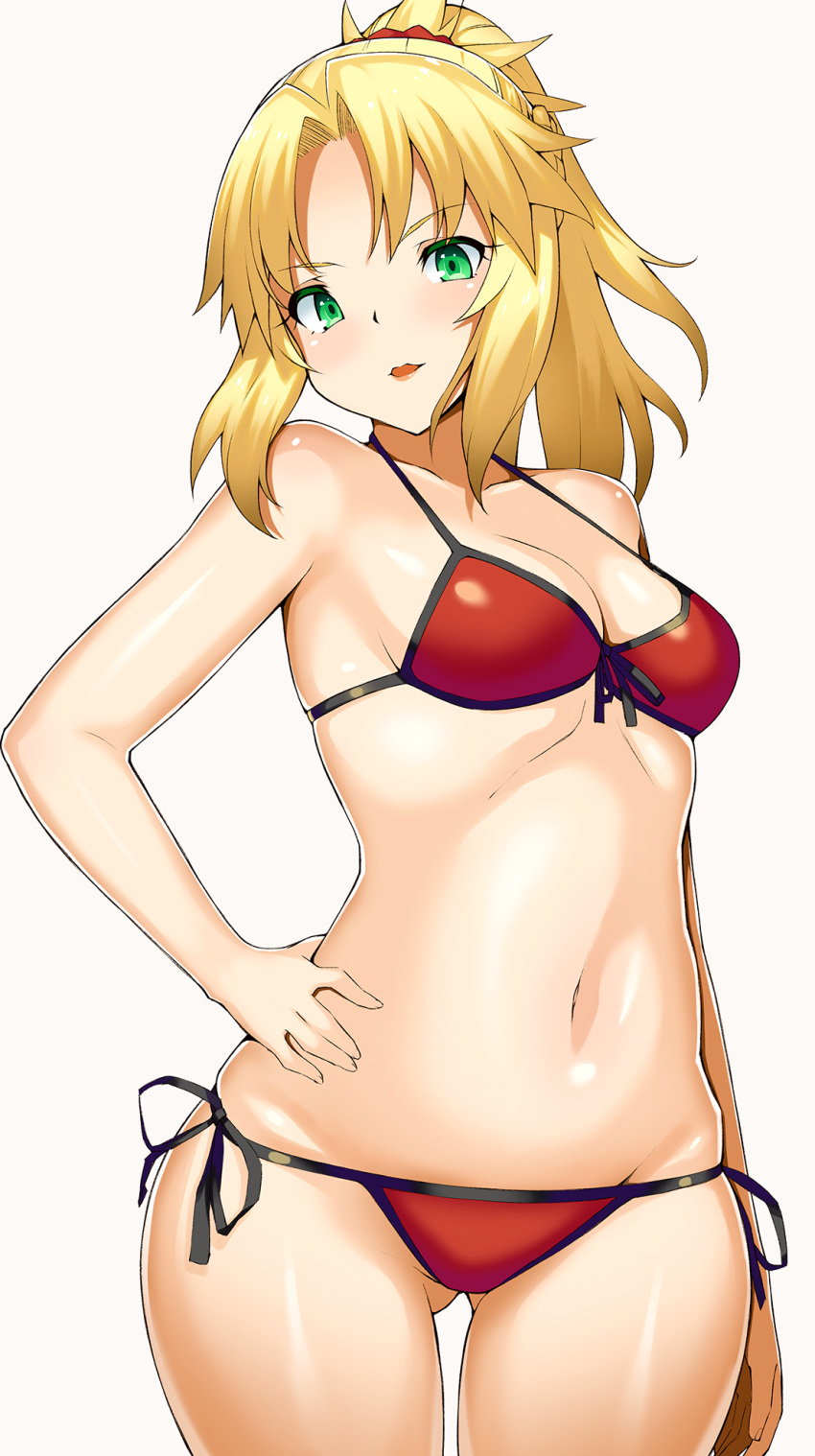 1girl, bikini, blonde_hair, cowboy_shot, fate/apocrypha, fate/grand_order, fate_(series), front-tie_top, green_eyes, hand_on_hip, highres, looking_at_viewer, mordred_(swimsuit_rider)_(fate), navel, ponytail, red_bike_shorts, saber_of_red, side-tie_bikini, simple_background, standing, swimsuit, tear_tear0320, white_background