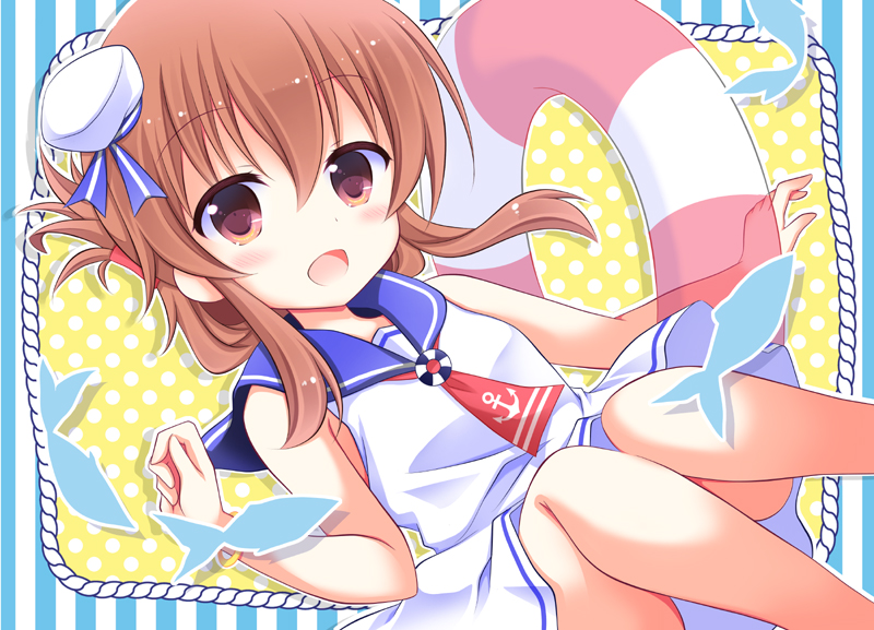 1girl, alternate_costume, anchor_symbol, bare_legs, blush, brown_eyes, brown_hair, dress