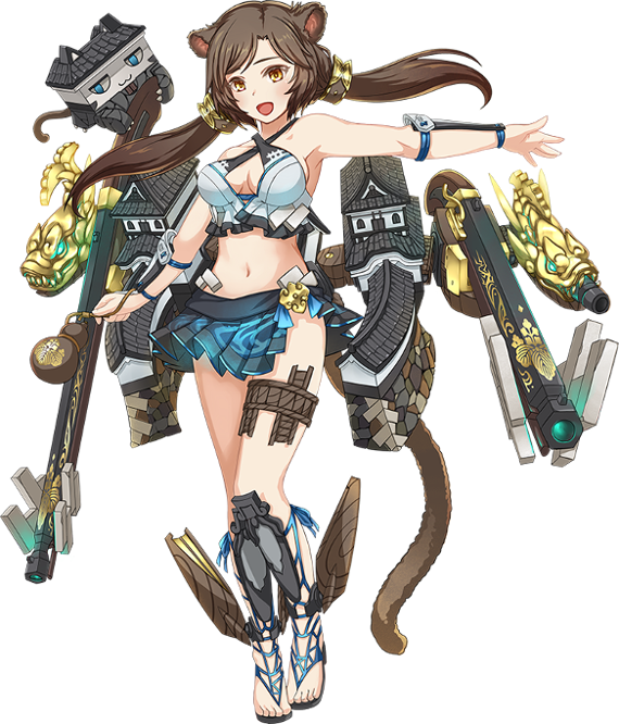 1girl, :d, antique_firearm, armpits, bare_shoulders, breasts, brown_hair, cleavage