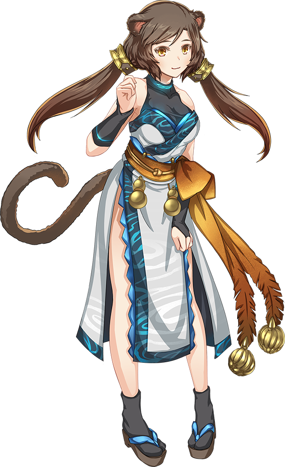 1girl, bare_shoulders, breasts, fingerless_gloves, full_body, gloves, kawamatsu_yoshinori, medium_breasts, monkey_ears, monkey_girl, monkey_tail, nagahama_(oshiro_project), oshiro_project, oshiro_project_re, sleeveless, tail, transparent_background, twintails, yellow_eyes