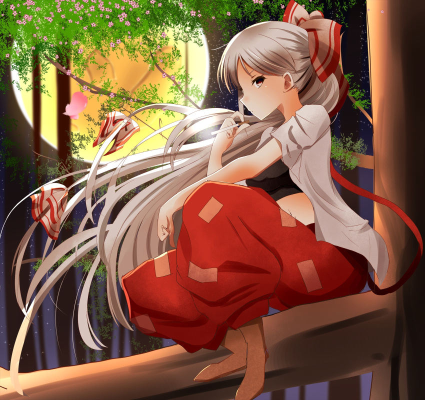 1girl, baggy_pants, blush, bow, breasts, cherry_blossoms, cigarette, flower