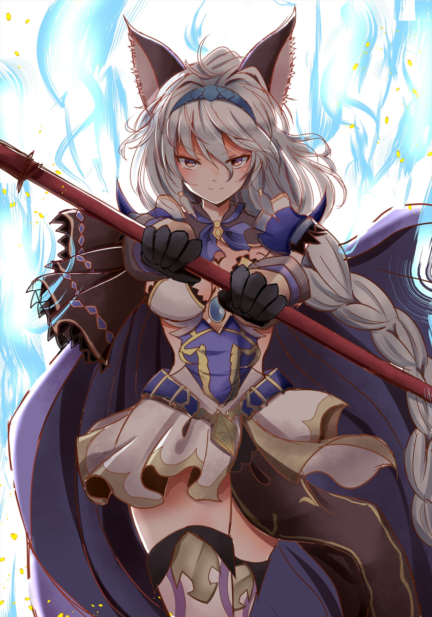 >:), 1girl, animal_ears, armor, armored_dress, bangs, blush, braid
