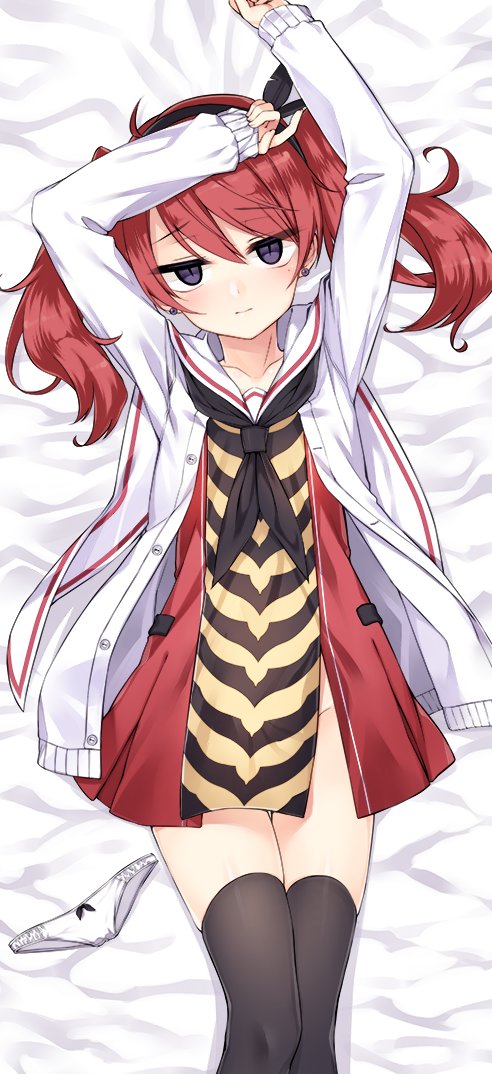 1boy, americano_beans, americano_exodus, arms_up, bangs, bed_sheet, black_bow, black_hairband