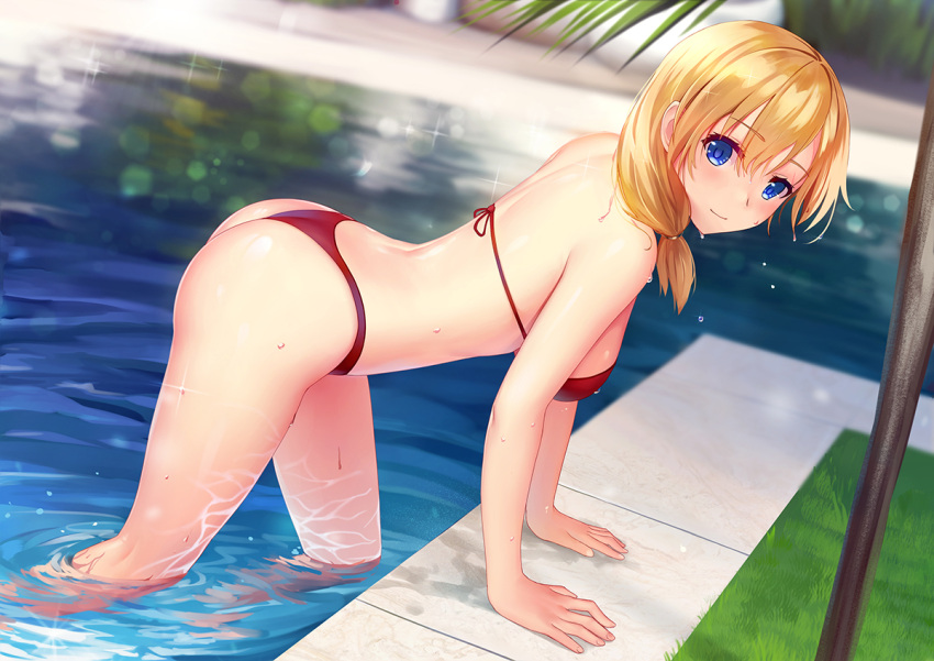 1girl, ass, bangs, bikini, blonde_hair, blue_eyes, blurry, blush, bokeh, breasts, closed_mouth, day, depth_of_field, dutch_angle, eyebrows_visible_through_hair, hair_between_eyes, halter_top, halterneck, highleg, highleg_bikini, long_hair, looking_at_viewer, low_twintails, medium_breasts, outdoors, pool, red_bikini, rodney_(zhan_jian_shao_nyu), sideboob, smile, solo, sparkle, swimsuit, thighs, twintails, wading, wet, xiaoyin_li, zhan_jian_shao_nyu