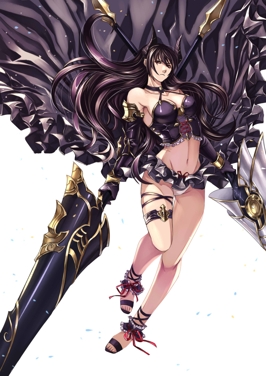 1girl, absurdres, bare_shoulders, black_gloves, black_skirt, brown_hair, demon_horns, dual_wielding