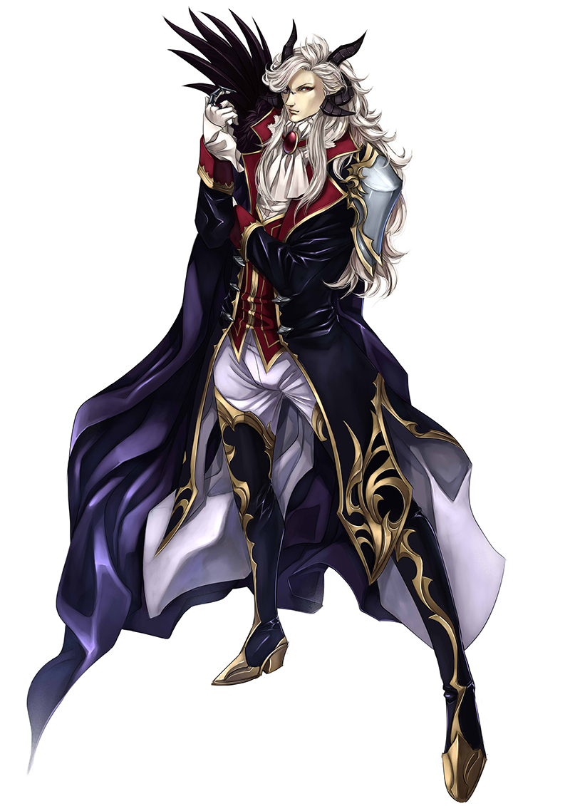 1boy, black_boots, boots, cravat, demon_horns, fantasy, full_body, gloves, horns, long_hair, male_focus, mephistopheles_(zeruzeru), monocle, original, red_eyes, solo, standing, white_gloves, white_hair, zeruzeru