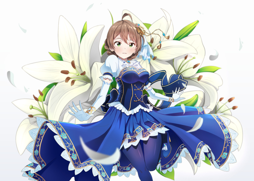1girl, ahoge, blush, breasts, cosplay, dress, elbow_gloves, flower