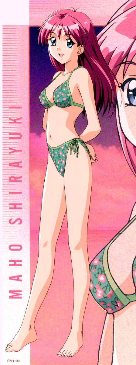 1girl, arms_behind_back, barefoot, bikini, blue_eyes, character_name, floral_print, full_body