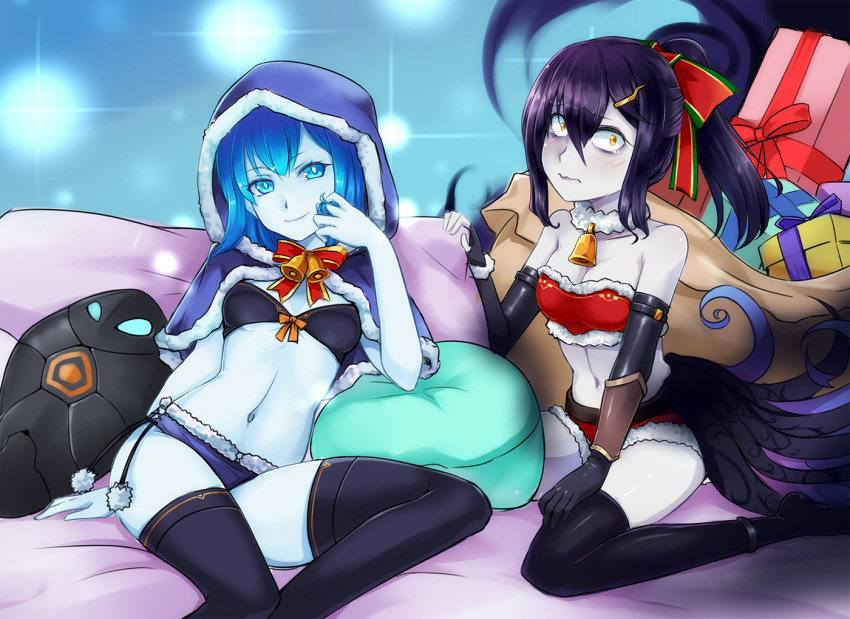 2girls, bell, bell_collar, blue_eyes, blue_hair, blue_skin, blush, christmas