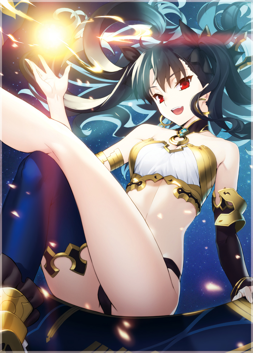 1girl, :d, arm, arm_support, armlet, asymmetrical_legwear, asymmetrical_sleeves, bare_arms