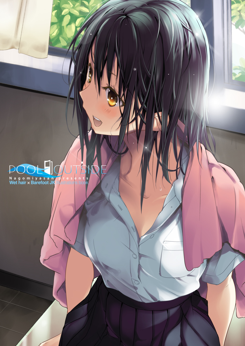 1girl, :d, bangs, black_hair, blouse, blush, breast_pocket, breasts