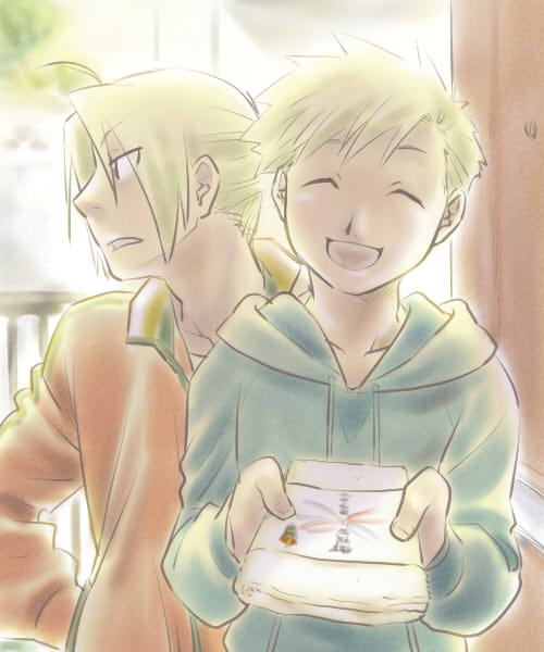 2boys, alphonse_elric, blonde_hair, blue_jacket, closed_eyes, edward_elric, eyebrows_visible_through_hair, fullmetal_alchemist, gift, hand_on_hip, happy, holding, holding_gift, jacket, looking_away, male_focus, multiple_boys, nenone_miya, open_mouth, red_jacket, serious, short_hair, siblings, smile