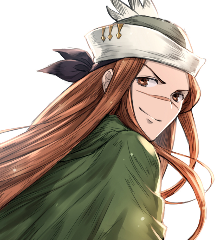 1boy, back, brown_eyes, brown_hair, cape, feathers, granblue_fantasy, hat