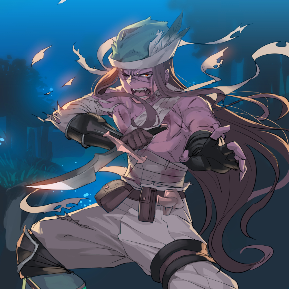 1boy, bandage, belt, brown_eyes, brown_hair, dagger, feathers, fingerless_gloves, gloves, granblue_fantasy, grass, hat, long_hair, male_focus, night, obui, one_eye_closed, open_mouth, red_eyes, scar, shirtless, solo, teeth, torn_clothes, tree, walder, weapon