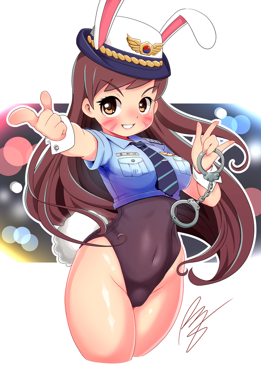 1girl, :d, \m/, animal_ears, bangs, blush, breast_pocket, breasts, brown_eyes, brown_hair, bunny_tail, bunnysuit, covered_navel, cropped_legs, cuffs, d.va_(overwatch), groin, handcuffs, hat, highleg, highleg_leotard, highres, hips, holding, leotard, long_hair, necktie, officer_d.va, open_mouth, outstretched_arm, overwatch, pocket, police, police_uniform, policewoman, rabbit_ears, rogeris, short_hair, signature, simple_background, smile, solo, striped, striped_necktie, tail, thighs, uniform, whisker_markings, white_background