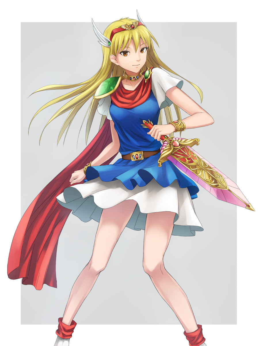 1girl, akazukin_chacha, armlet, bare_legs, belt, blonde_hair, blue_dress, blue_skirt, bracelet, bracer, brown_eyes, cape, clenched_hand, closed_mouth, commentary_request, dress, feet_out_of_frame, female, gem, grey_background, hairband, head_wings, highres, holding, holding_sword, jewelry, long_hair, looking_at_viewer, magical_princess, neck, neck_ring, outline, outline_background, pauldrons, red_cape, red_hairband, reverse_grip, short_sleeves, single_pauldron, skirt, smile, solo, standing, sugi_214, sword, weapon, white_skirt