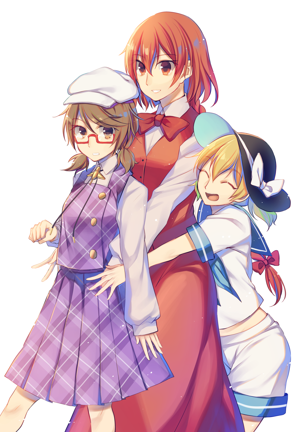 3girls, :d, ^_^, alternate_headwear, beret, blonde_hair, blue_sailor_collar, bow