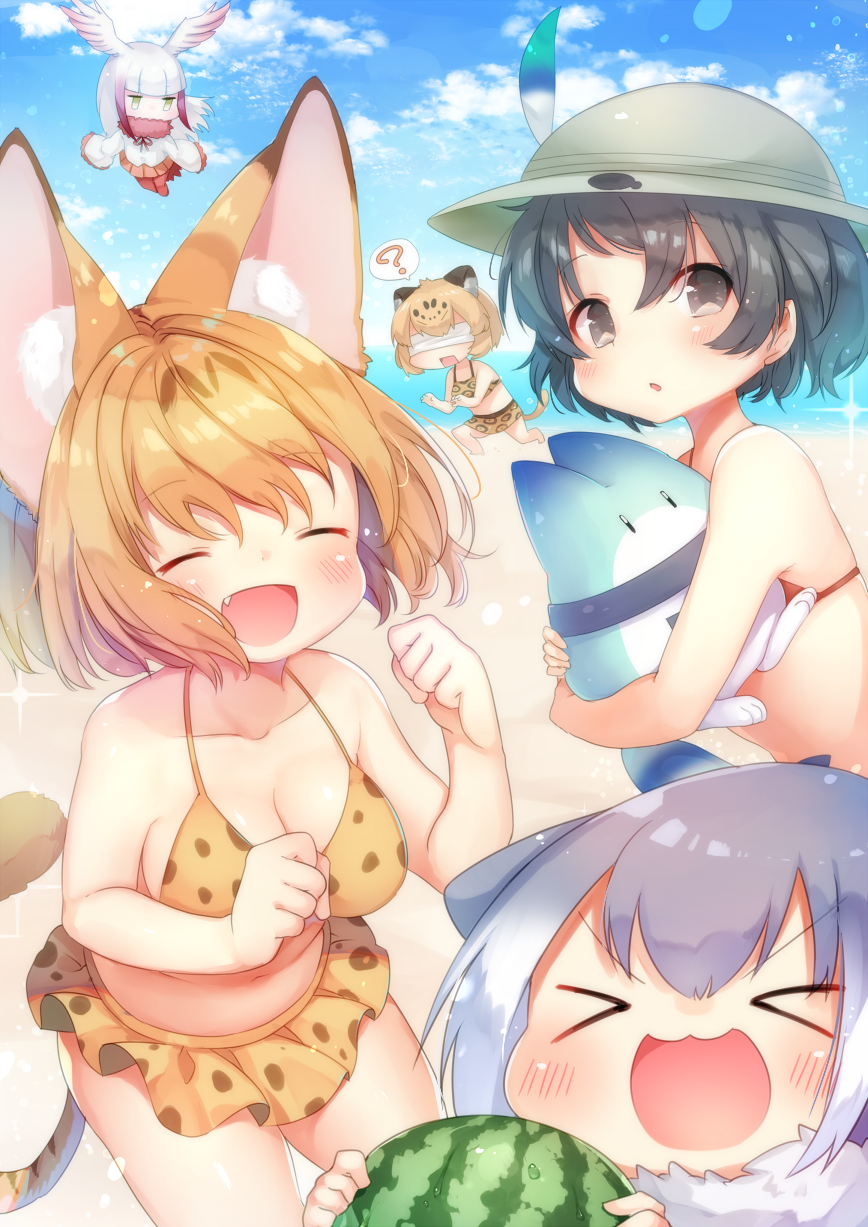 >xd, 5girls, :d, ?, animal_ears, arare_mochiko, bare_shoulders, beach, bikini, bikini_skirt, black_hair, blindfold, blonde_hair, blue_sky, blush, breasts, bucket_hat, chibi, clenched_hands, closed_eyes, clouds, collarbone, commentary_request, day, fang, flying, food, fruit, grey_hair, hat, hat_feather, head_wings, highres, jaguar_(kemono_friends), jaguar_ears, jaguar_print, japanese_crested_ibis_(kemono_friends), kaban_(kemono_friends), kemono_friends, laughing, looking_at_viewer, lucky_beast_(kemono_friends), medium_breasts, multiple_girls, navel, ocean, open_mouth, outdoors, print_bikini, rectangular_mouth, serval_(kemono_friends), serval_ears, serval_print, short_hair, sky, small-clawed_otter_(kemono_friends), smile, spoken_question_mark, swimsuit, tail, watermelon, white_hair
