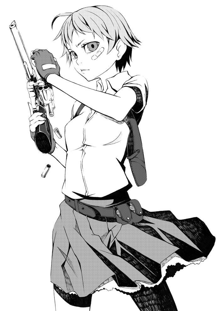 1girl, 44_magnum, ahoge, bandaid_on_cheek, belt, commentary_request, cowboy_shot, dress_shirt