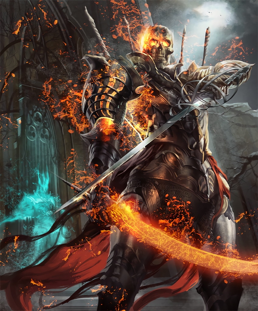1boy, armor, artist_request, cape, castle, cygames, dual_wielding, fire, flaming_sword, full_armor, ghost, glowing, glowing_eyes, looking_at_viewer, mordecai_the_duelist, official_art, ruins, shadowverse, shingeki_no_bahamut, skeleton, sword, torn_cape, undead, weapon