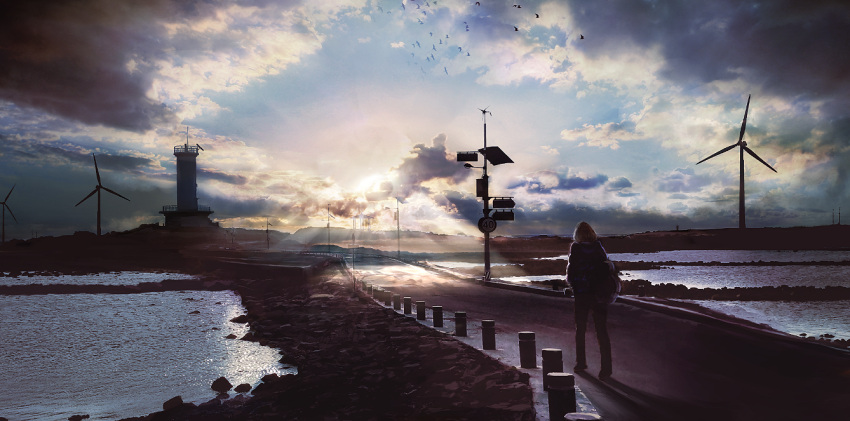 1girl, backpack, bag, clouds, cloudy_sky, from_behind, original, scenery