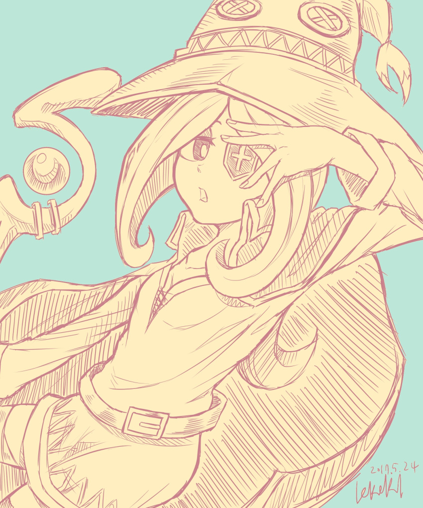 1girl, belt, button_eyes, cape, cosplay, dress, eyepatch, hat
