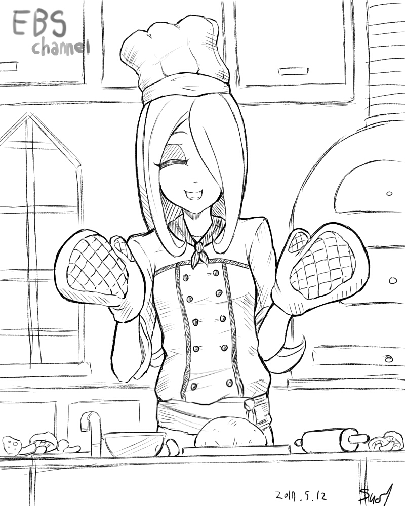 1girl, alternate_costume, bowl, chef_hat, chef_uniform, closed_eyes, cooking_show, greyscale