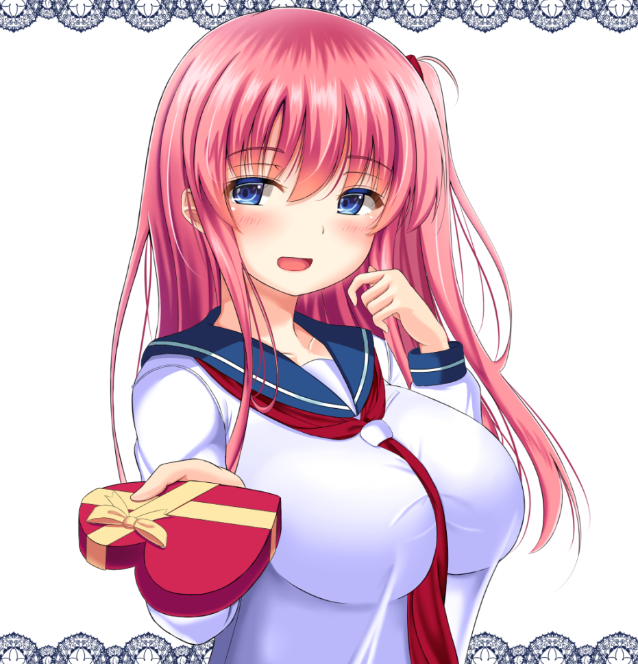 1girl, blue_eyes, blush, breasts, eyebrows_visible_through_hair, gift, haramura_nodoka, heart