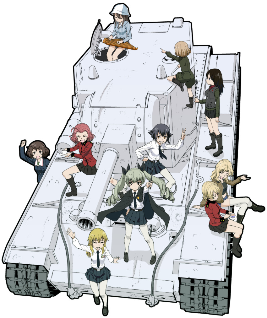 6+girls, absurdres, akiyama_yukari, anchovy, anzio_school_uniform, black_hair, blonde_hair, brown_hair