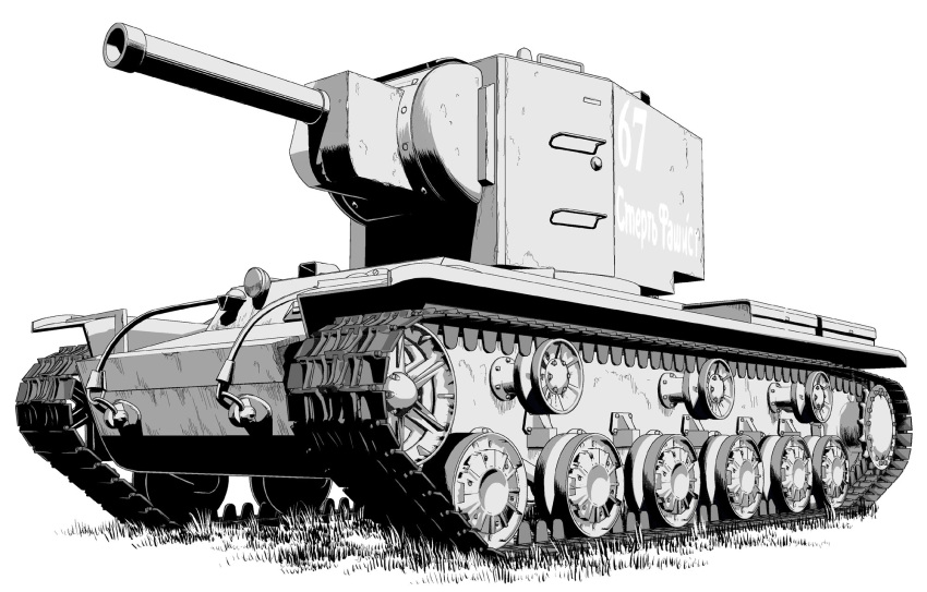 grass, greyscale, ground_vehicle, highres, kv-2, military, military_vehicle, monochrome