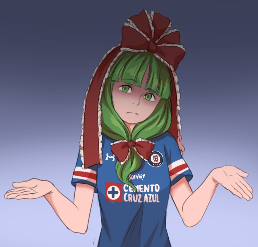1girl, alternate_costume, bangs, blunt_bangs, bow, commentary_request, cruz_azul, eyebrows_visible_through_hair