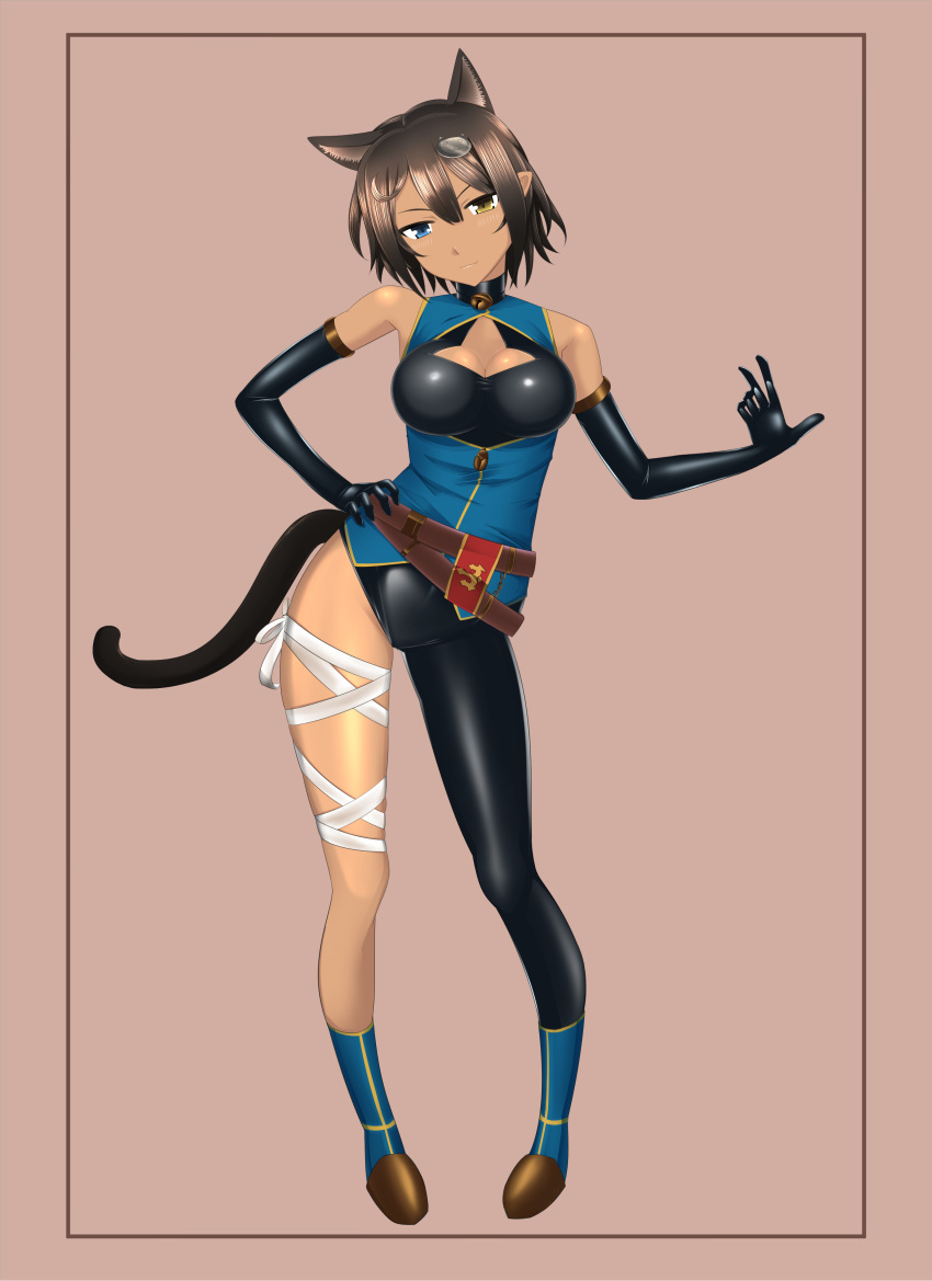 1girl, absurdres, adon_(adtech), animal_ears, black_gloves, blue_eyes, blush, brown_hair