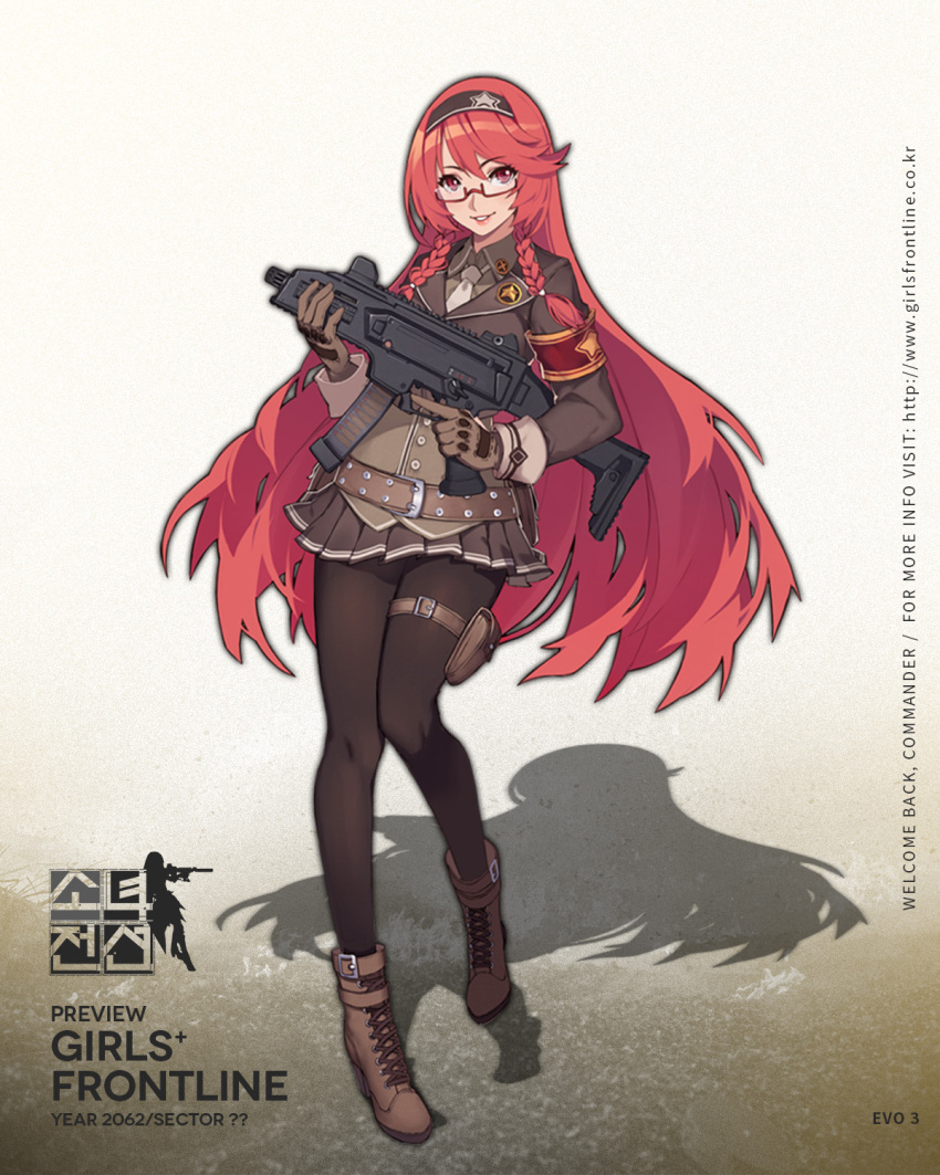 1girl, bangs, black_legwear, boots, braid, brown_boots, brown_eyes, brown_gloves