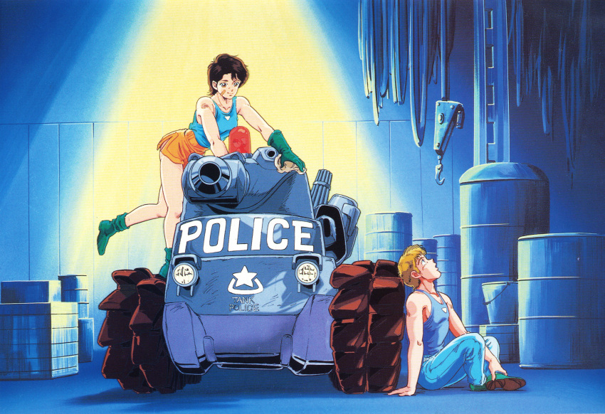 1boy, 1girl, 80s, absurdres, artist_request, black_hair, blonde_hair, blue_eyes