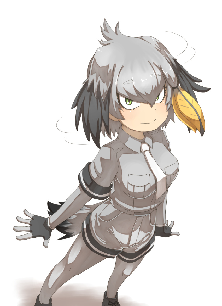 1girl, arms_at_sides, bangs, belt, bird_tail, black_gloves, black_hair, bodystocking