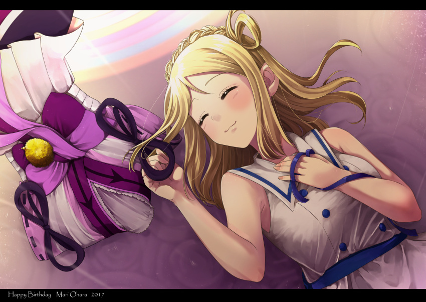 10s, 1girl, 2017, :3, blonde_hair, blue_ribbon, blush, braid